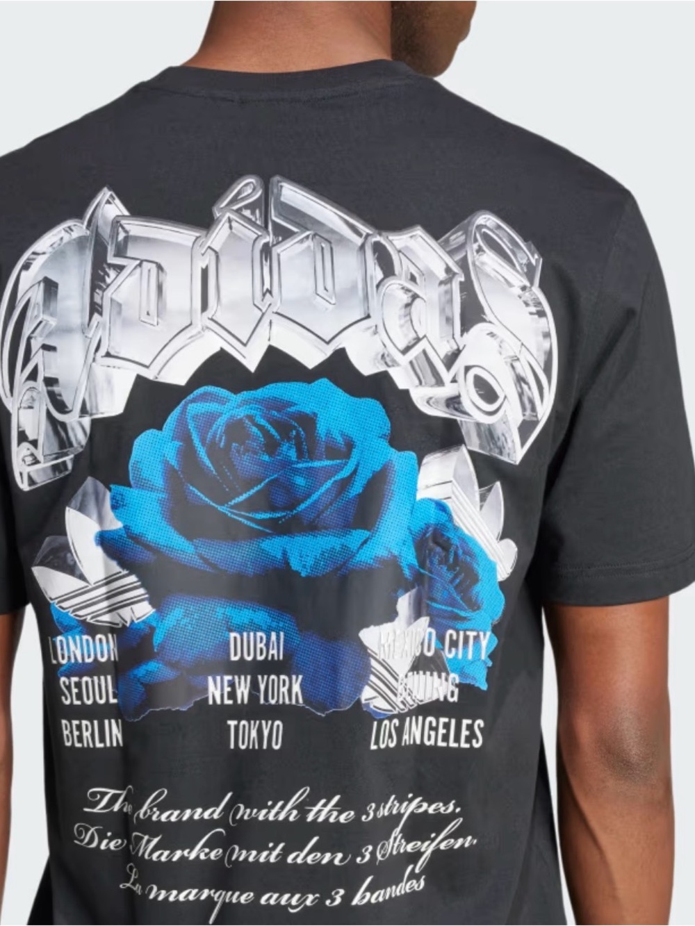adidas Men’s Black Tee with Blue Rose Graphic